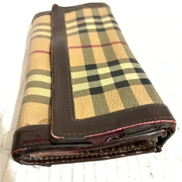 Burberry vintage  striped continental tartan check beige brown leather wallet - Picture 3 of 9